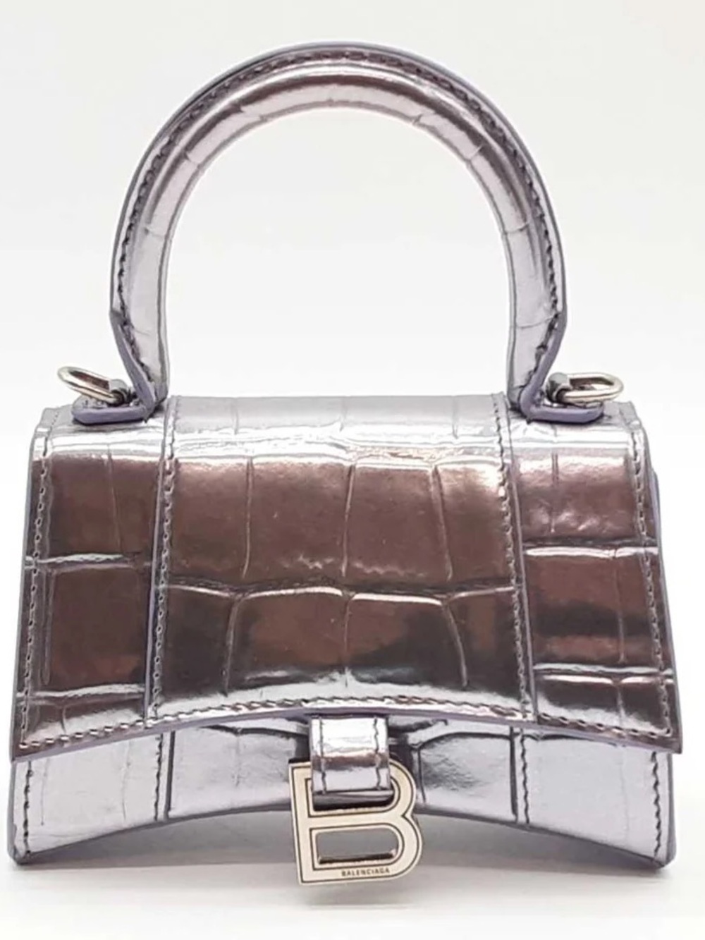 Balenciaga Metallic Silver Croc-Embossed Hourglass Mini Top Handle